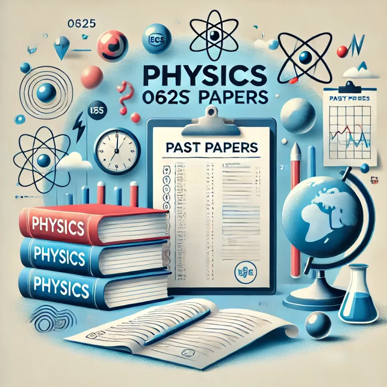DALL·E 2024 10 03 12 03 58 An educational image representing Physics 0625 past papers designed for an academic website  The image includes elements like exam papers a stack of 768x768