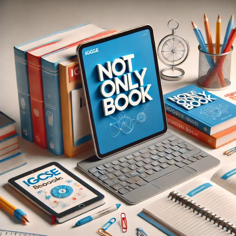 DALL·E 2024 10 07 12 21 50 A modern promotional image for Notonlybook com showcasing digital and physical learning resources  The image includes a stack of IGCSE textbooks a t 768x768