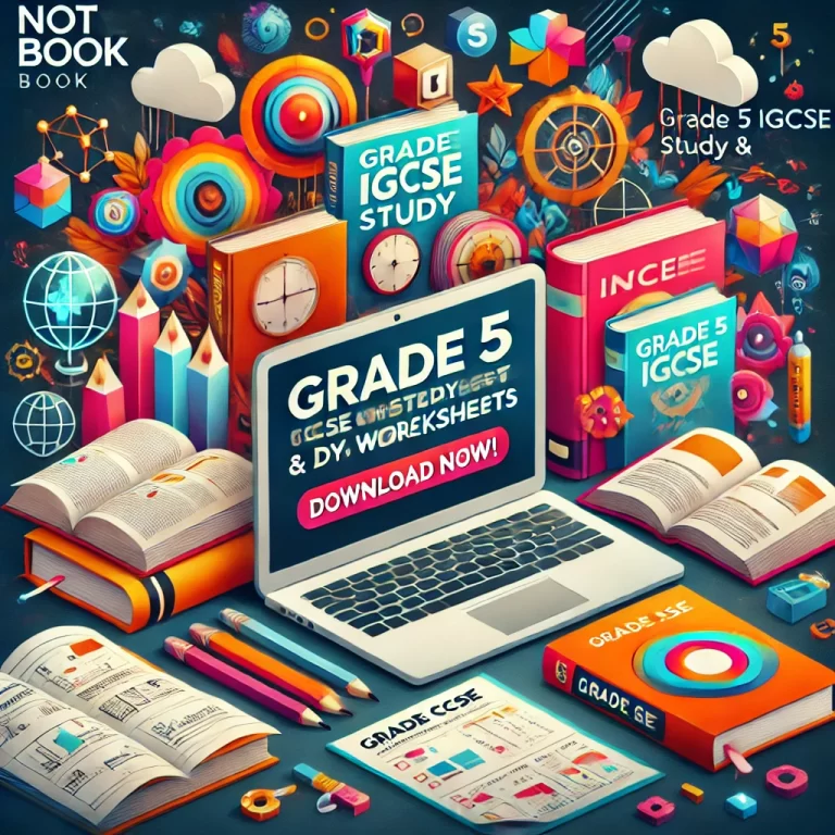 DALL·E 2024 10 08 12 38 33 A rich visually appealing promotional image showcasing Grade 5 IGCSE study and worksheet papers for different subjects  The image features educationa 768x768