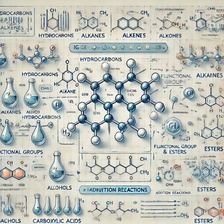 DALL·E 2024 10 20 08 43 33 A detailed illustration showing the key concepts of IGCSE Organic Chemistry  The image includes a visual representation of hydrocarbons alkanes and  768x768