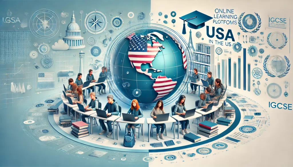 DALL·E 2024 11 17 13 35 12 An image with a split screen design representing online learning platforms for IGCSE in the USA  On the left a 3D virtual globe with the USA highlig 1024x585