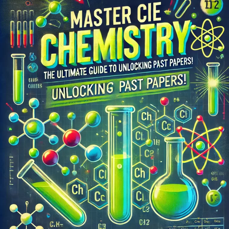 DALL·E 2025 01 07 08 28 58 A vibrant and educational themed image featuring the title Master CIE Chemistry  The Ultimate Guide to Unlocking Past Papers in bold modern fonts 768x768